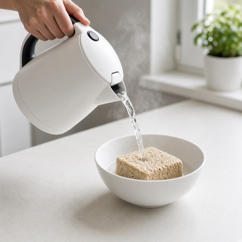 Pouring hot water over freeze-dried nyumen in a bowl