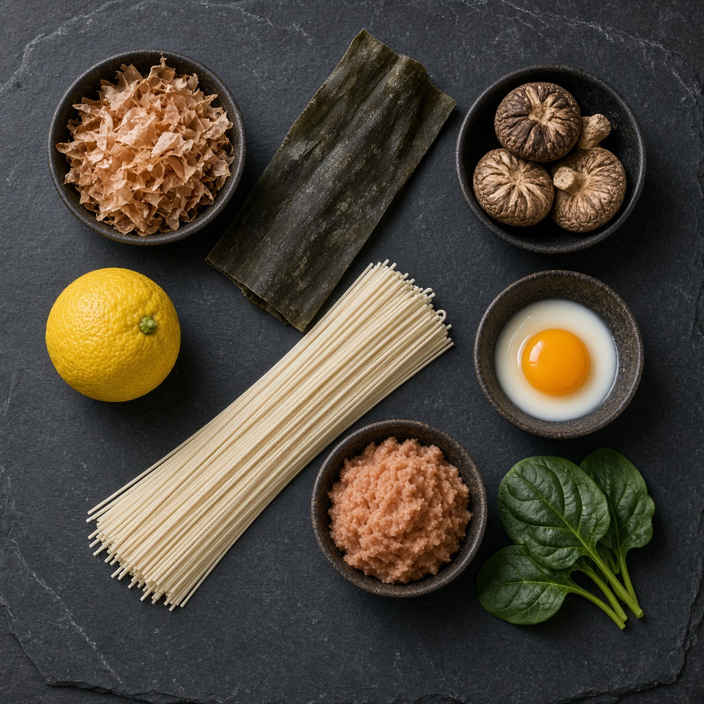 Bonito flakes, kombu, shiitake, yuzu, somen, miso, spinach and egg (ingredient image)