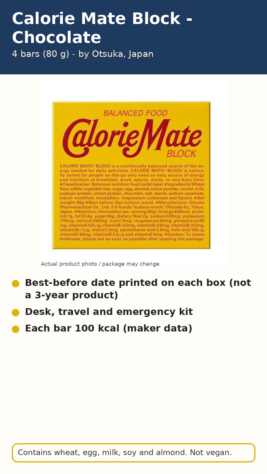 Calorie Mate Block Chocolate 4 Bars (80 g) - Otsuka, Japan